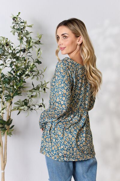 Floral Teal Half Button Long Sleeve Blouse - Tigbuls Variety Fashion