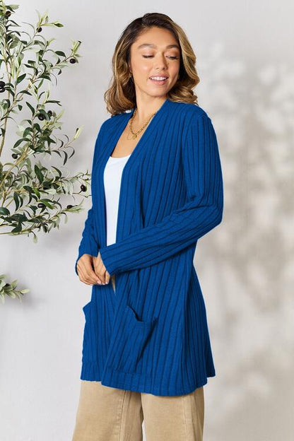 Ribbed Open Front Cardigan with Pockets - Tigbuls Variety Fashion