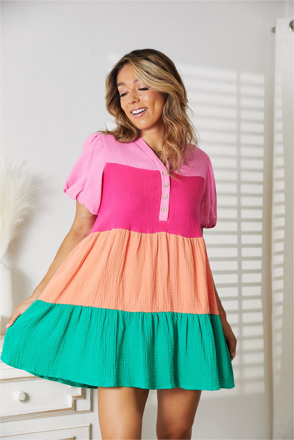 Double Take Color Block Buttoned Puff Sleeve Dress - Tigbuls Variety Fashion