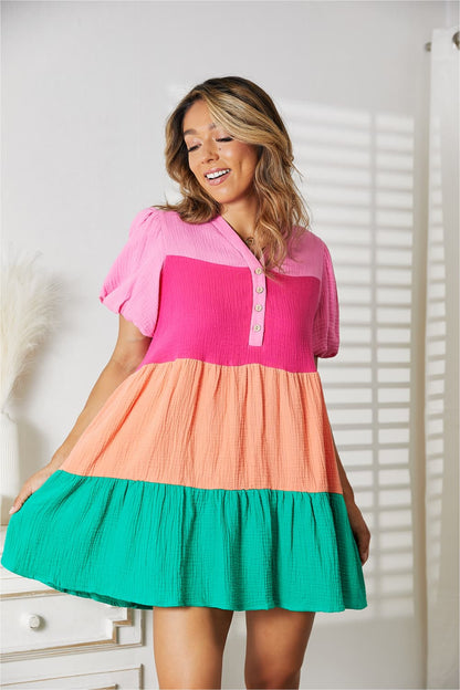 Double Take Color Block Buttoned Puff Sleeve Dress - Tigbuls Variety Fashion