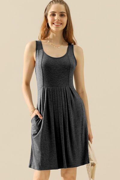 Doublju Full Size Round Neck Ruched Sleeveless Dress with Pockets - Tigbuls Variety Fashion