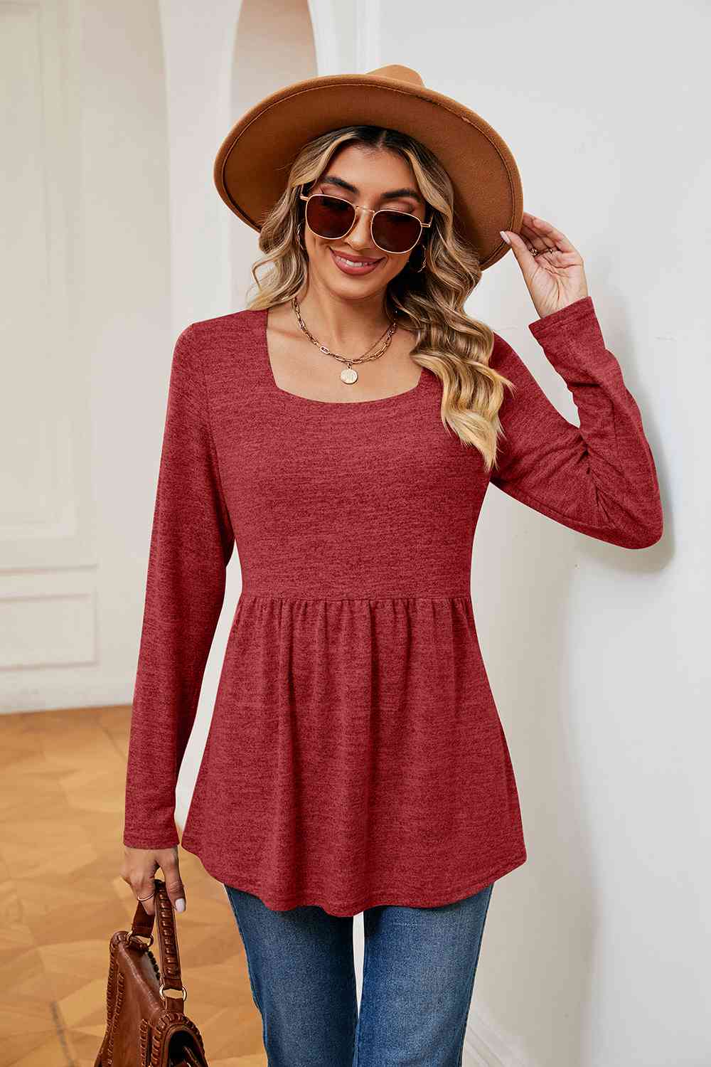 Square Neck Long Sleeve Peplum Top - Tigbuls Variety Fashion