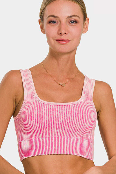 Pink Ribbed Square Neck Wide Strap Cropped Tank - Tigbuls Variety Fashion