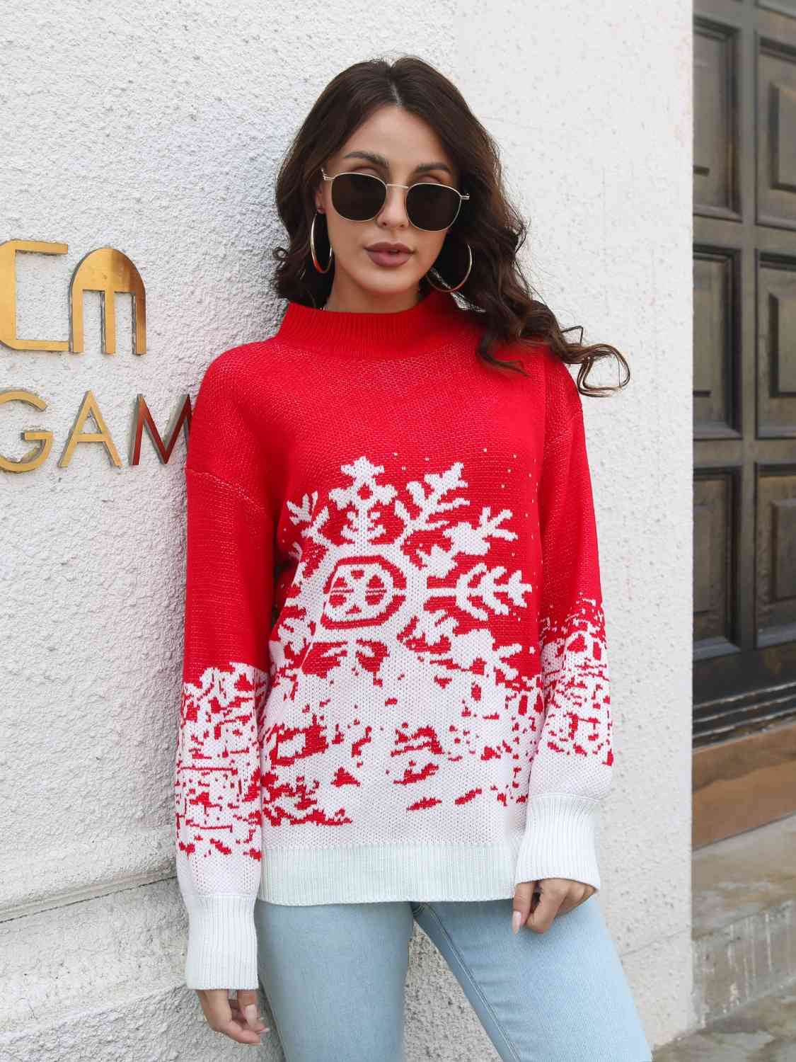 Snowflake Pattern Mock Neck Sweater - Tigbuls Variety Fashion