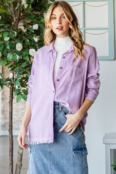 Lavender Raw Hem Button Up Long Sleeve Shirt - Tigbuls Variety Fashion