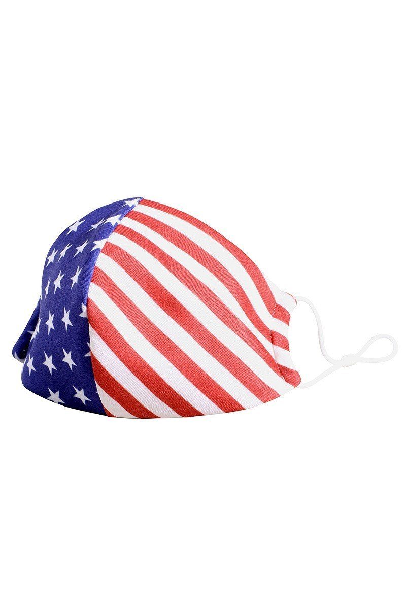USA flag 3D reusable face mask with ties, multicolor stars and stripes side view