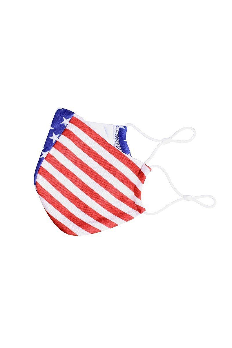 USA flag 3D reusable face mask with ties, multicolor stars and stripes front view