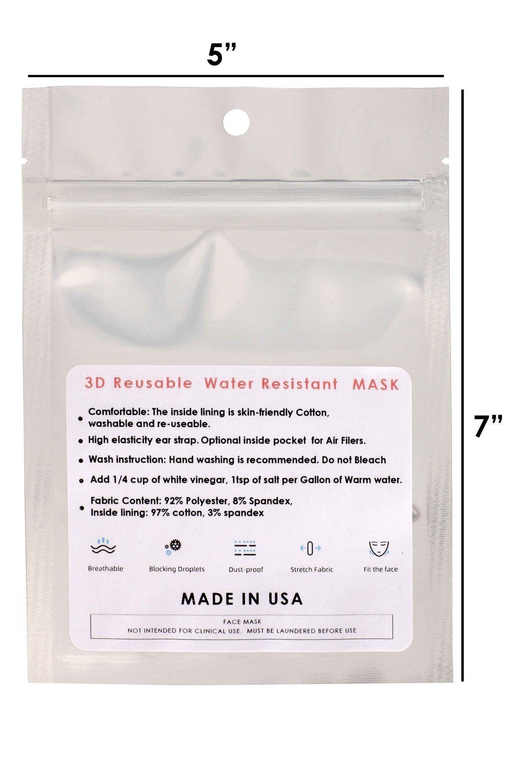 Package label for white 3D reusable water-resistant face mask, Made in USA