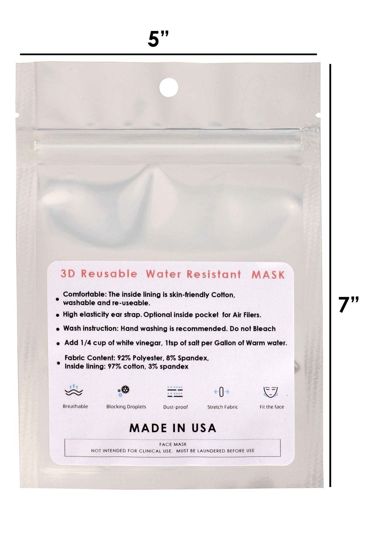 Package label for white 3D reusable water-resistant face mask, Made in USA