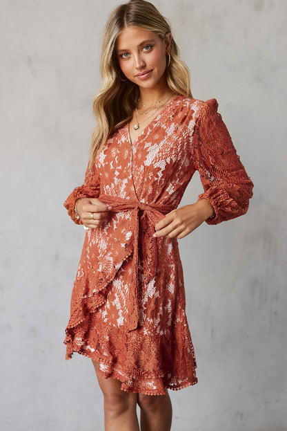 Pompom Trim Puff Sleeve Belted Lace Dress - Tigbul's Fashion