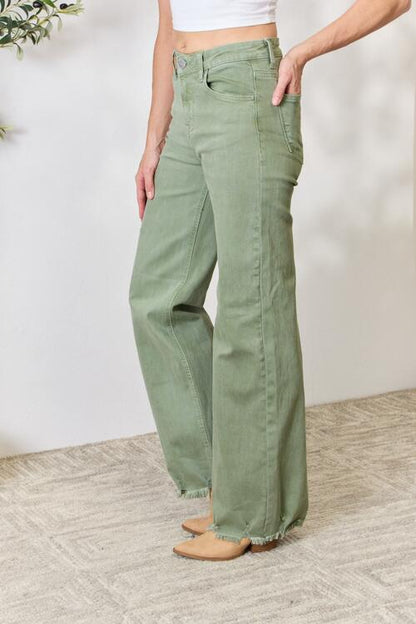 Sage Green Raw Hem Wide-Leg Jeans - Tigbuls Variety Fashion