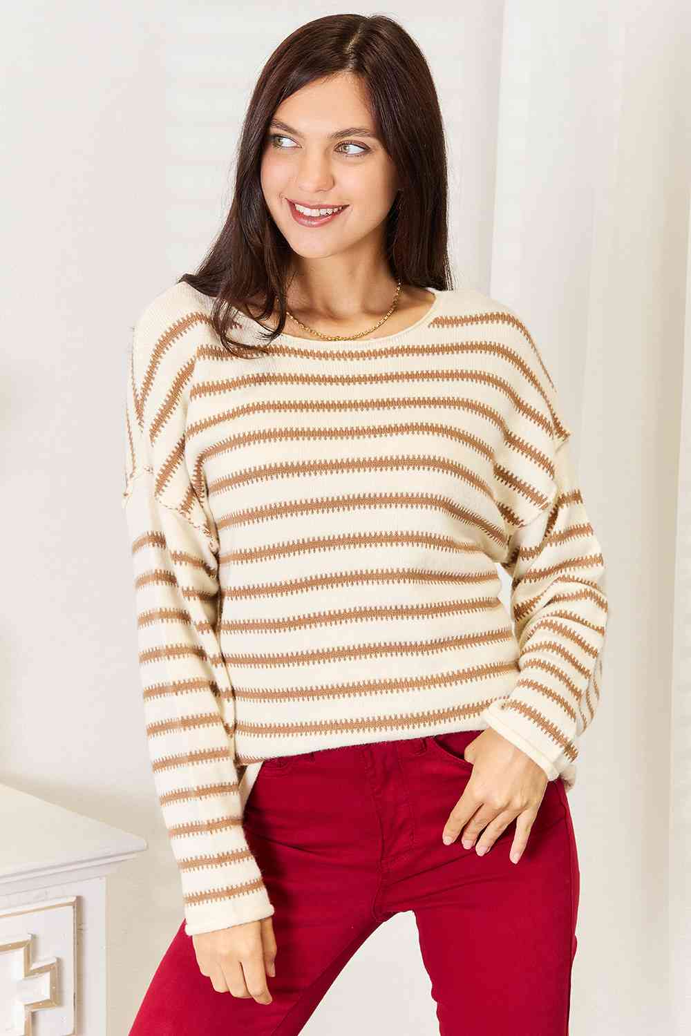 Double Take Striped Boat Neck Sweater - Tigbuls Variety Fashion