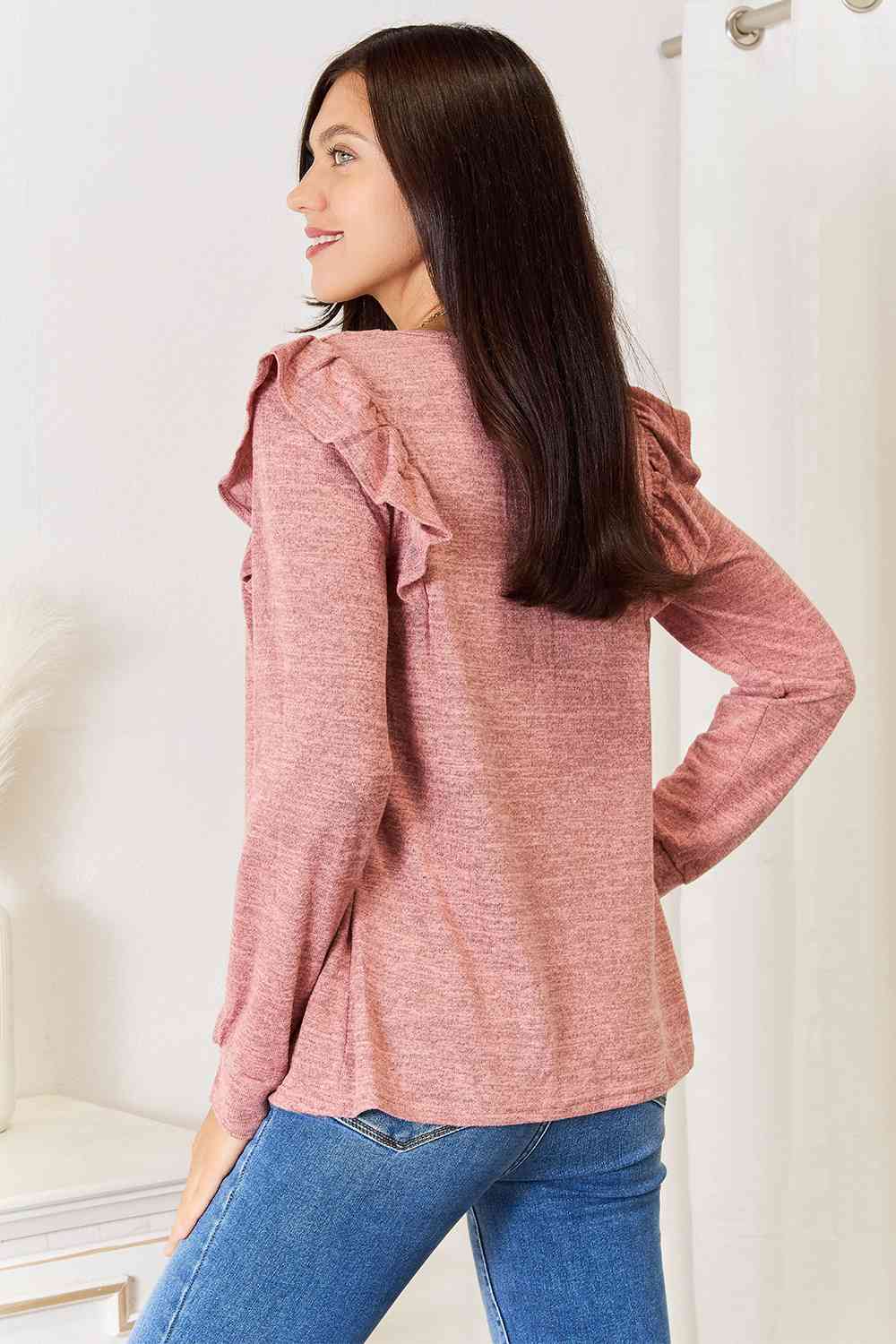 Square Neck Ruffle Shoulder Long Sleeve Shirt - Tigbuls Variety Fashion