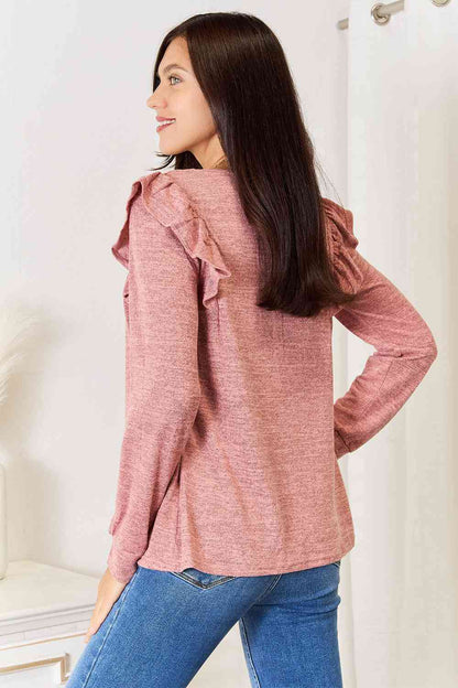 Square Neck Ruffle Shoulder Long Sleeve Shirt - Tigbuls Variety Fashion