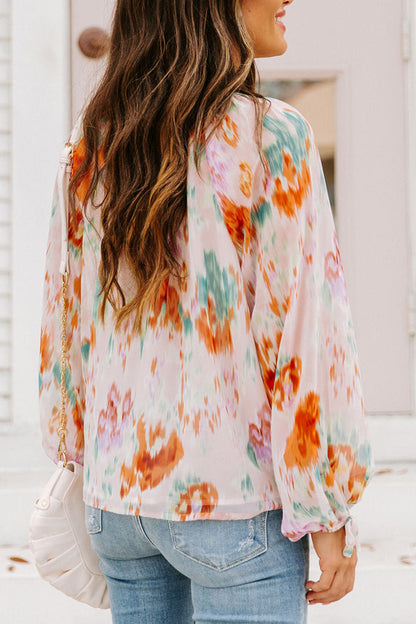 Printed Tie Neck Long Sleeve Blouse - Tigbuls Fashion