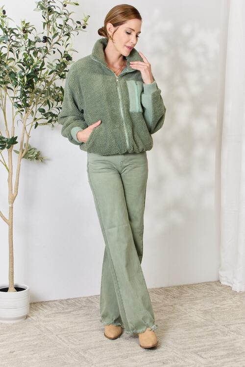 Green Zip Up Collared Neck Jacket - Tigbuls Variety Fashion