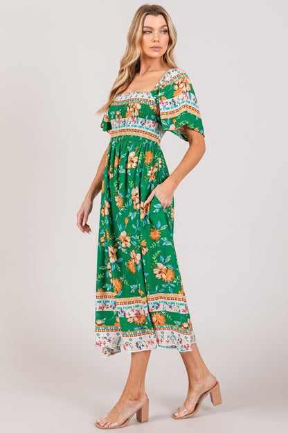 Printed Smocked Short Sleeve Midi Dress - Tigbuls Variety Fashion