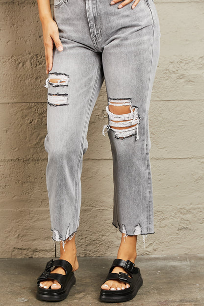 Gray High Waisted Cropped Mom Jeans - Tigbul's Fashion