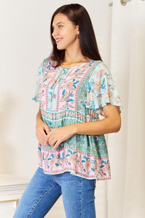 Double Take Floral Tie Neck Short Sleeve Blouse - Tigbuls Variety Fashion