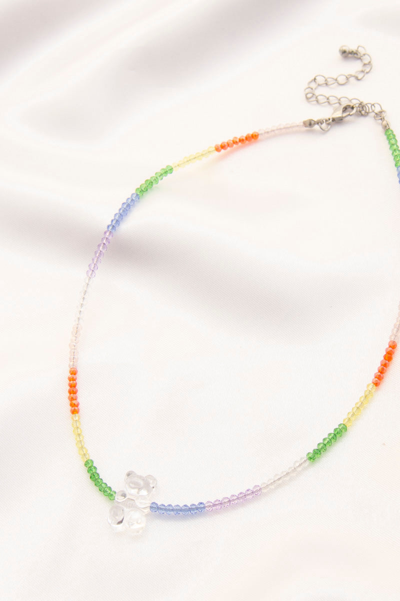 Gummy bear beaded necklace with silver clasp and rainbow beads, clear bear charm