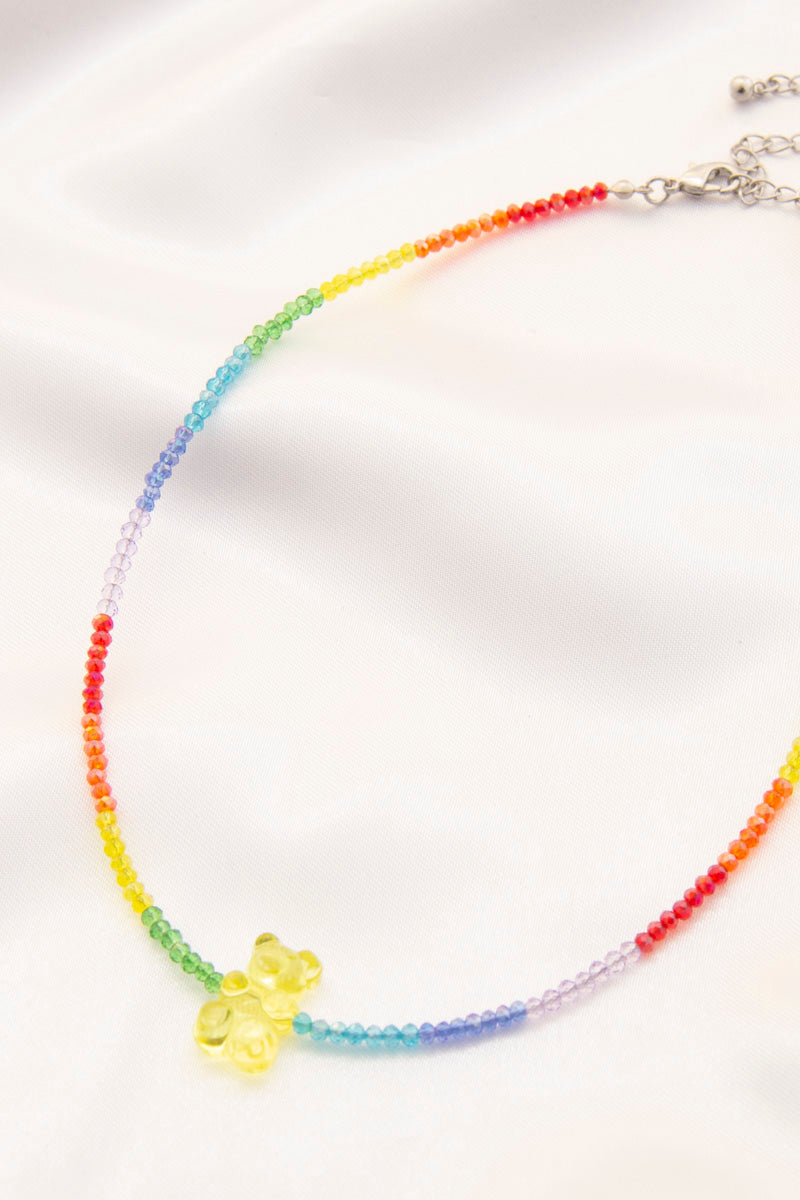 Gummy bear beaded necklace with rainbow beads and silver clasp, yellow bear charm