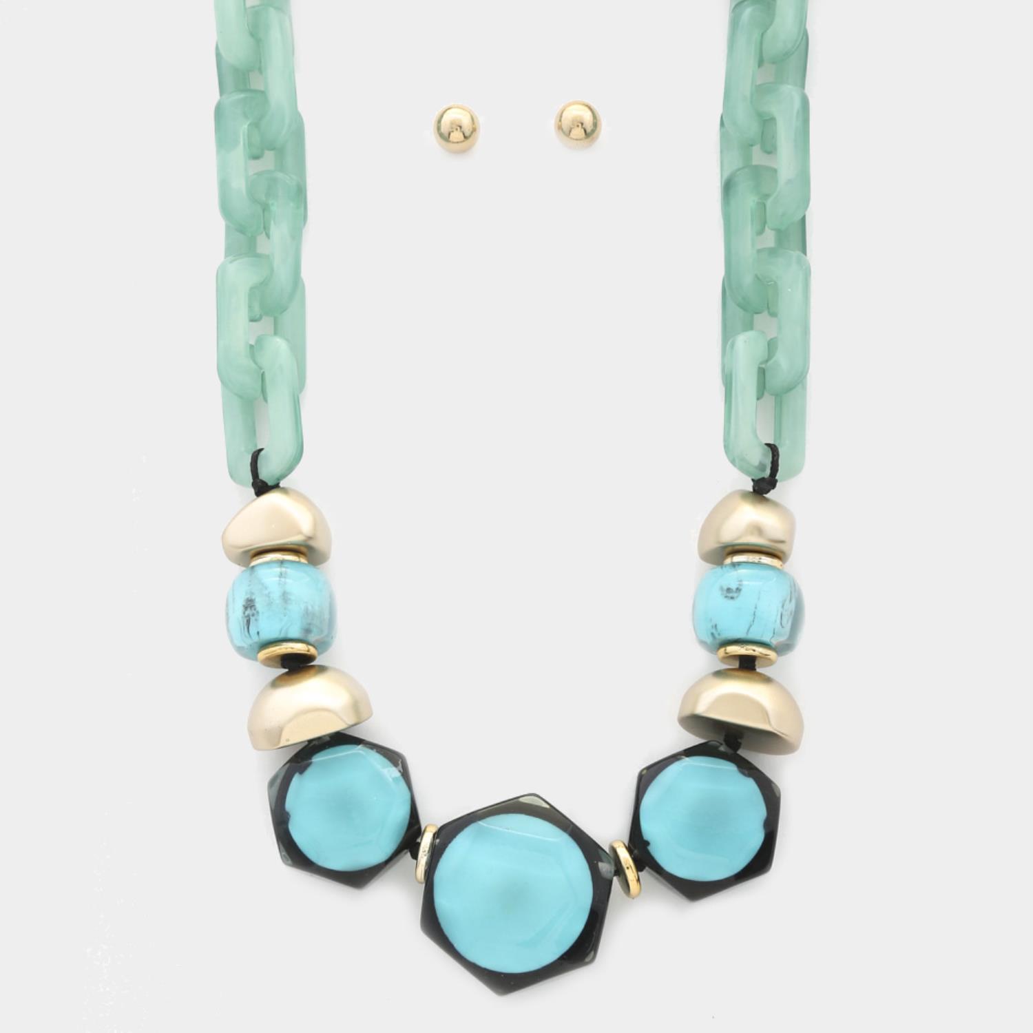 Hexagon link oval-link necklace, mint with turquoise and gold bead accents