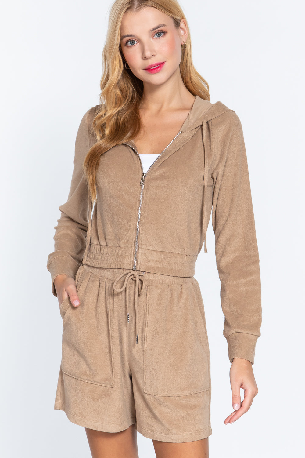 Mocha terry-towel hoodie jacket with zip front, hood strings, and drawstring-waist pockets