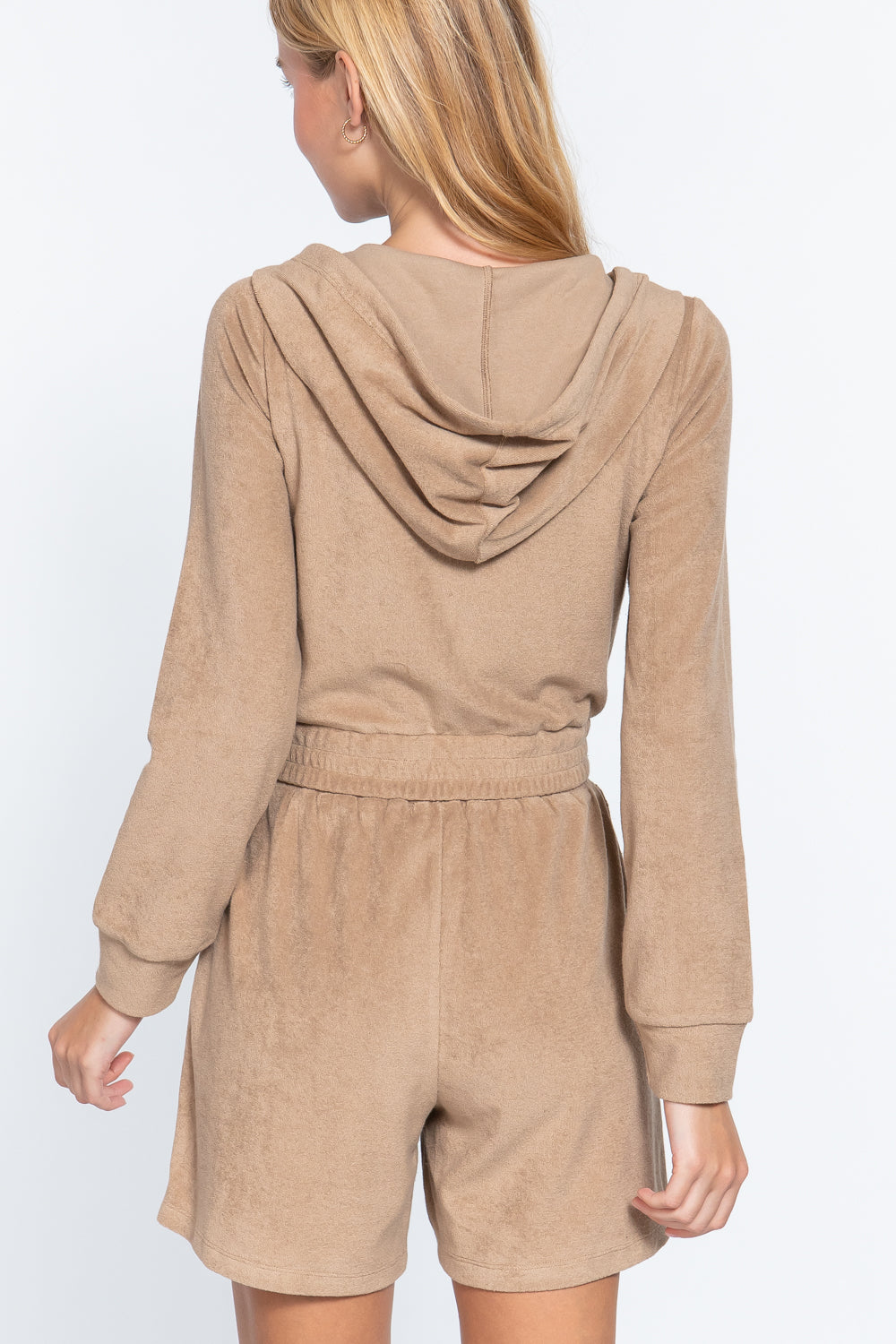 Mocha terry-towel hoodie jacket, back view: hood and drawstring waist with pockets