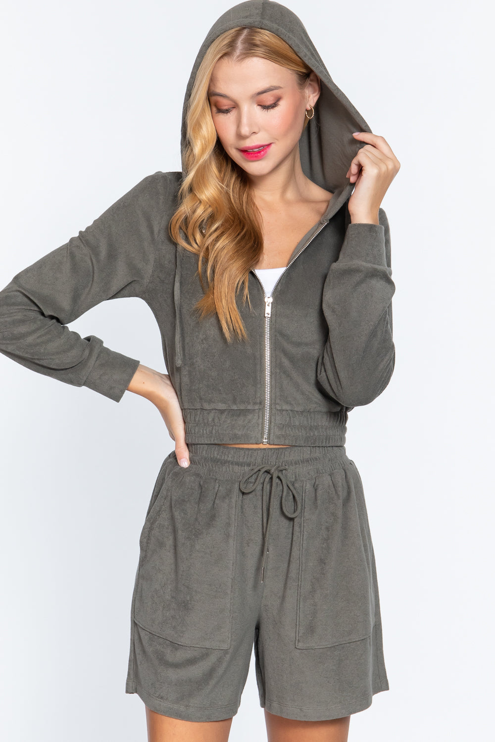 Olive terry hoodie jacket with front zipper, drawstring waist and matching shorts
