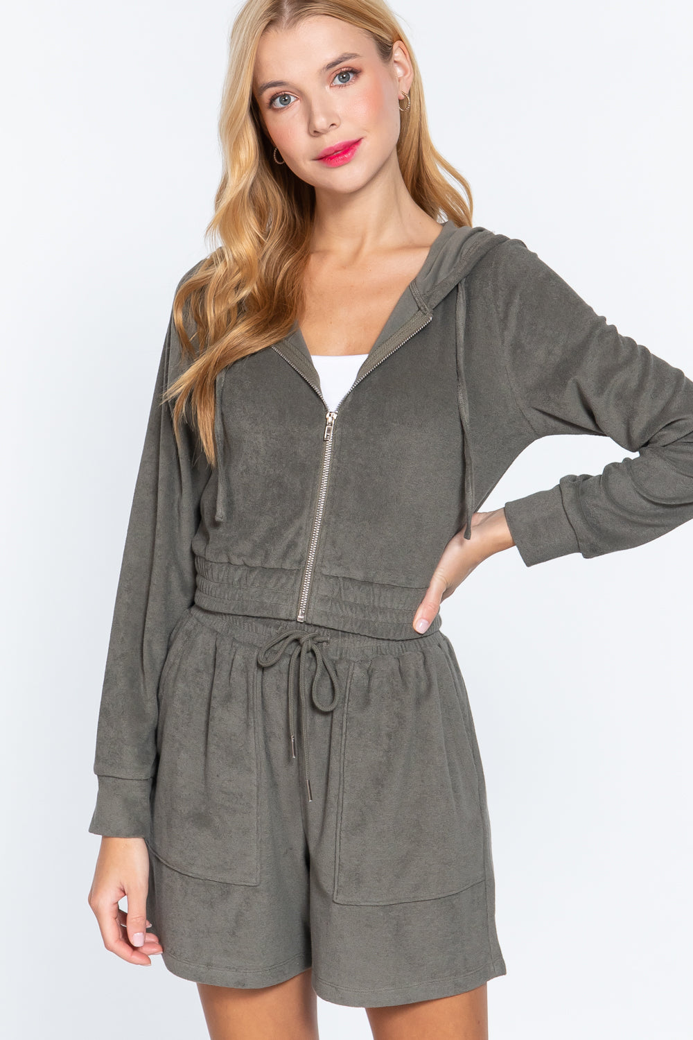 Olive terry hoodie jacket, full zip front; drawstring waist with matching shorts