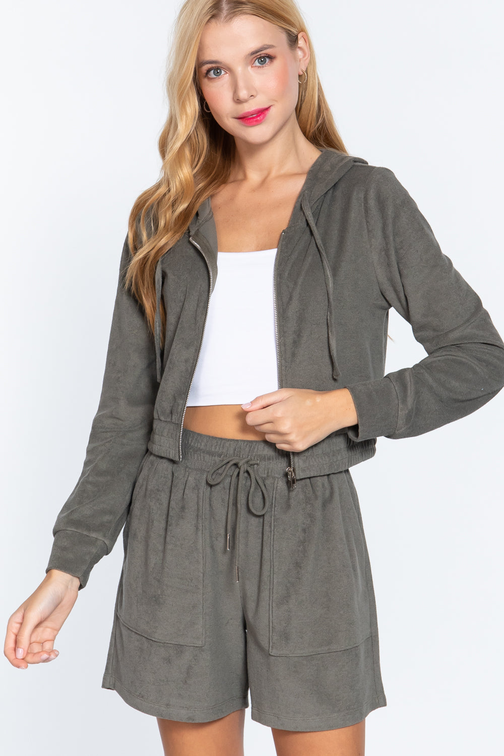 Olive hoodie jacket with zip front and hood; elastic drawstring waist, side pockets