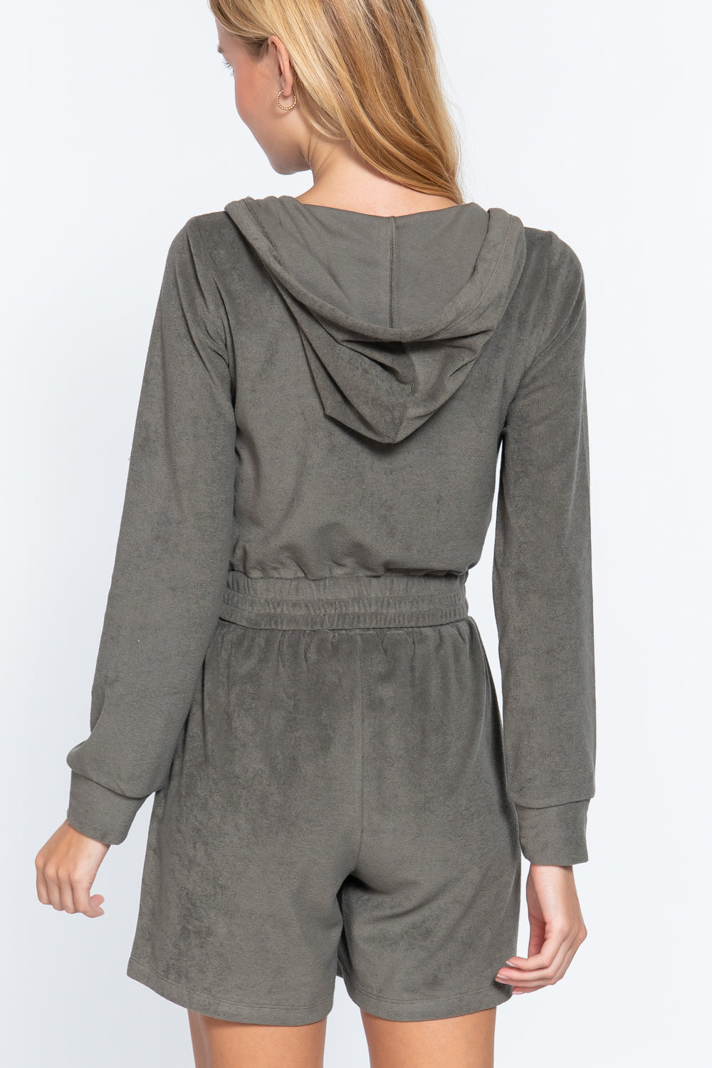 Back view: Olive terry hoodie jacket with hood and elastic waist; matching shorts