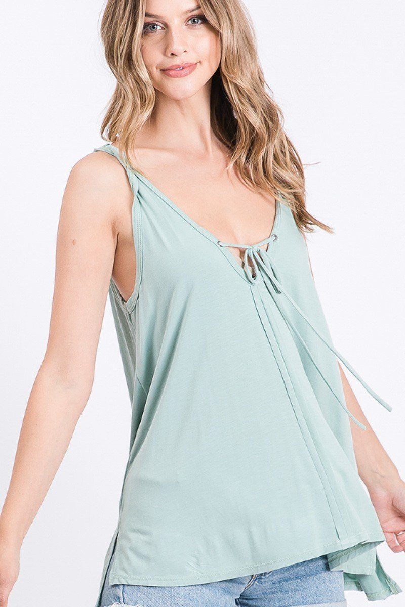 Sage flowy tank with V-neck lace-up tie and thin straps
