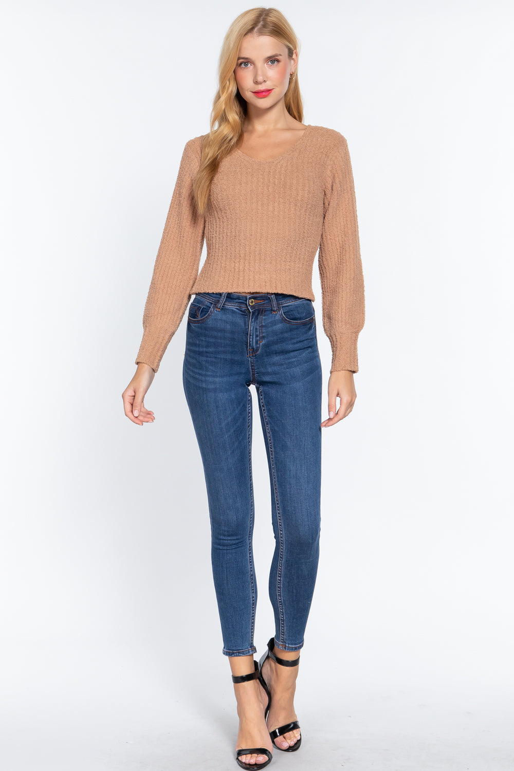 Khaki textured rib V-neck sweater with long fitted sleeves