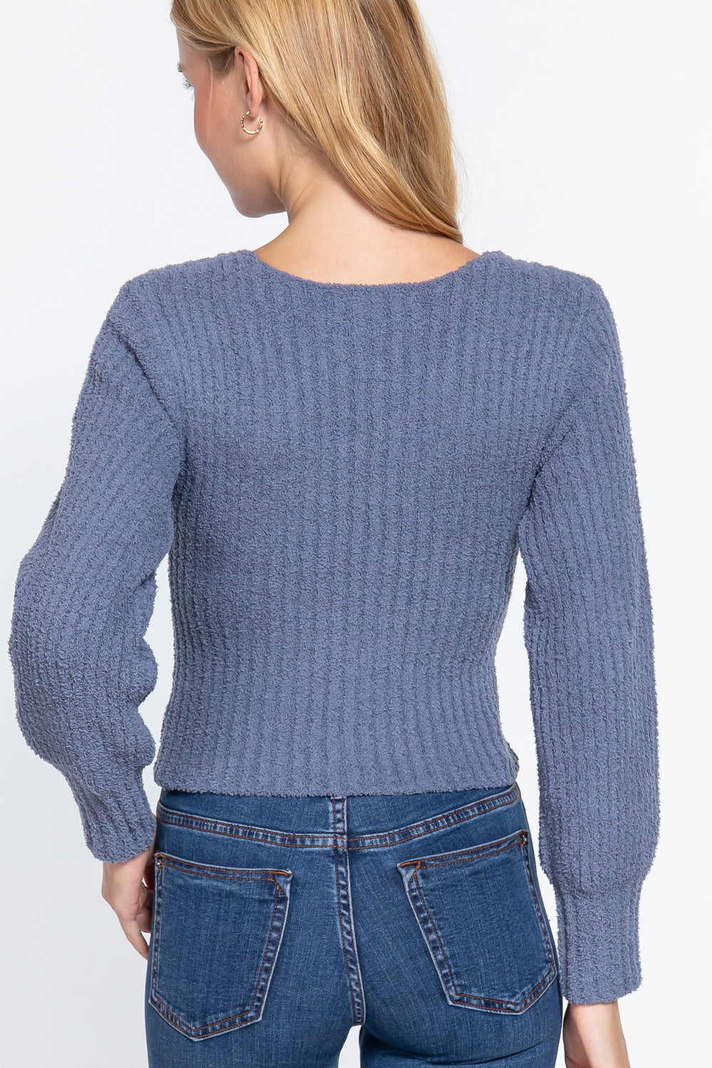 Long puff-sleeve rib sweater, vintage blue back view