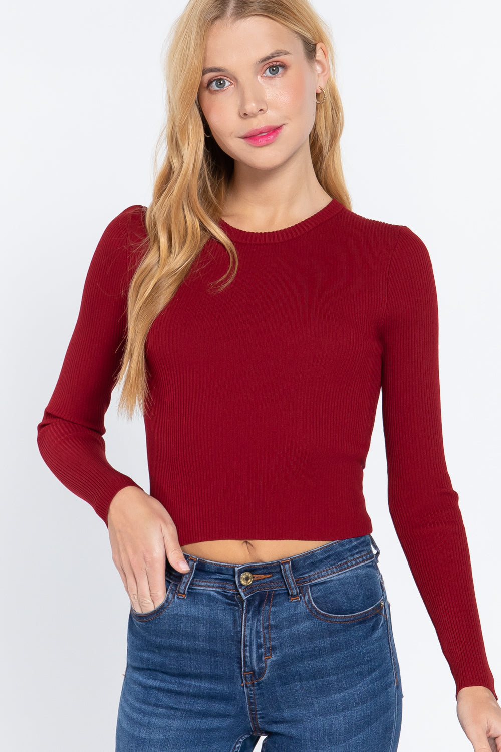 Wine long-sleeve open-back sweater top, crew neck, ribbed knit