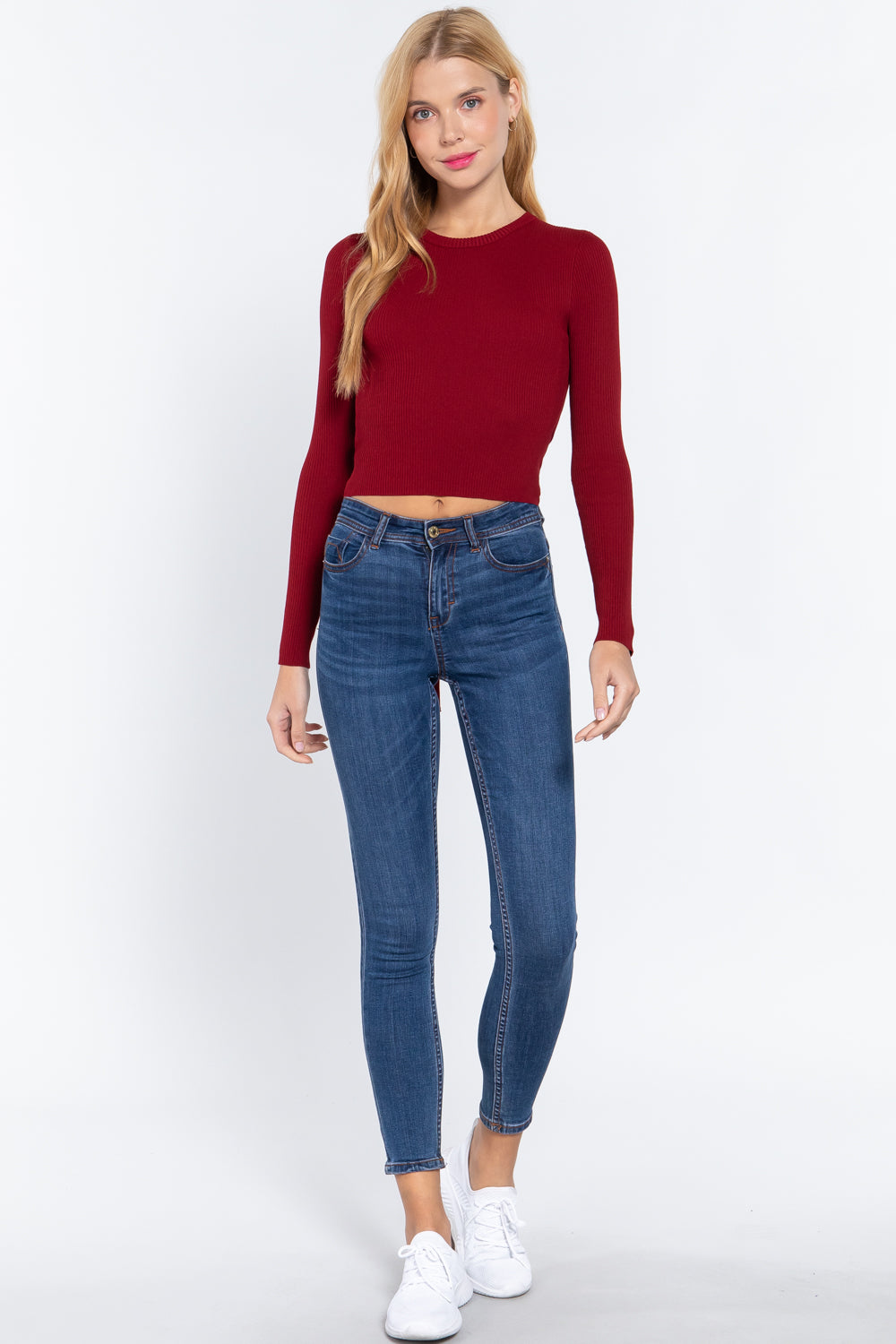 Wine long-sleeve ribbed sweater top with crew neck, cropped front