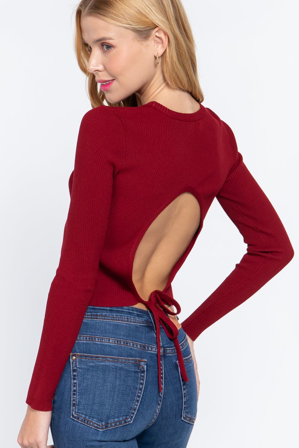 Wine open-back sweater top with tied back cutout, long sleeves
