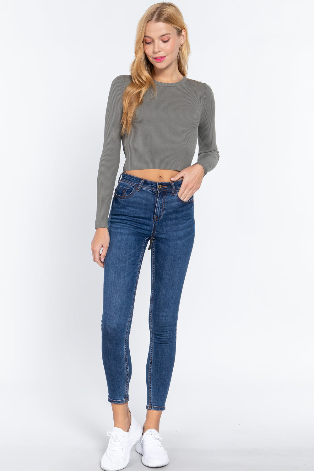 Sage ribbed knit long-sleeve sweater top with crew neck and cropped hem
