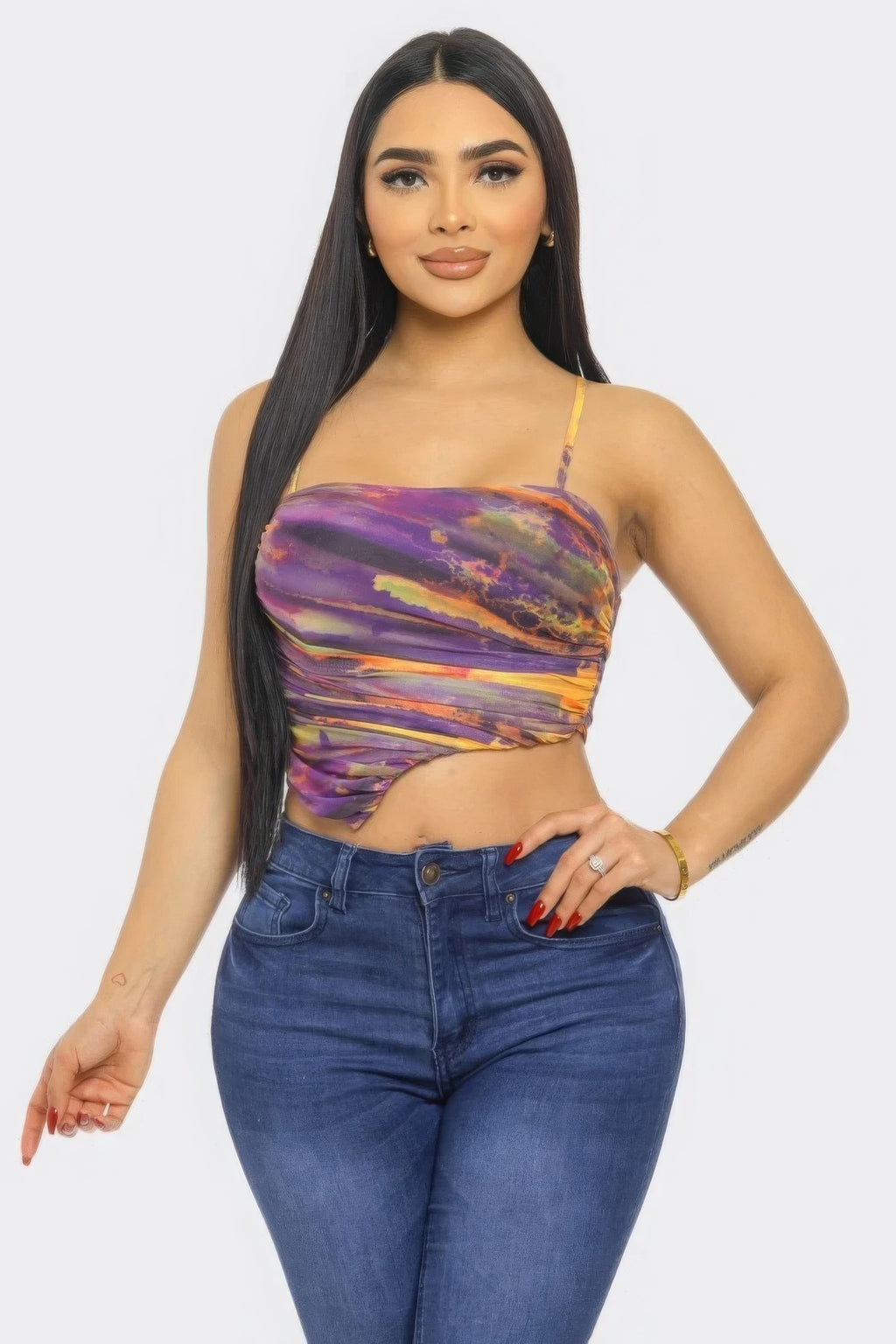 Mesh print crop top with spaghetti straps, purple and orange striped abstract pattern
