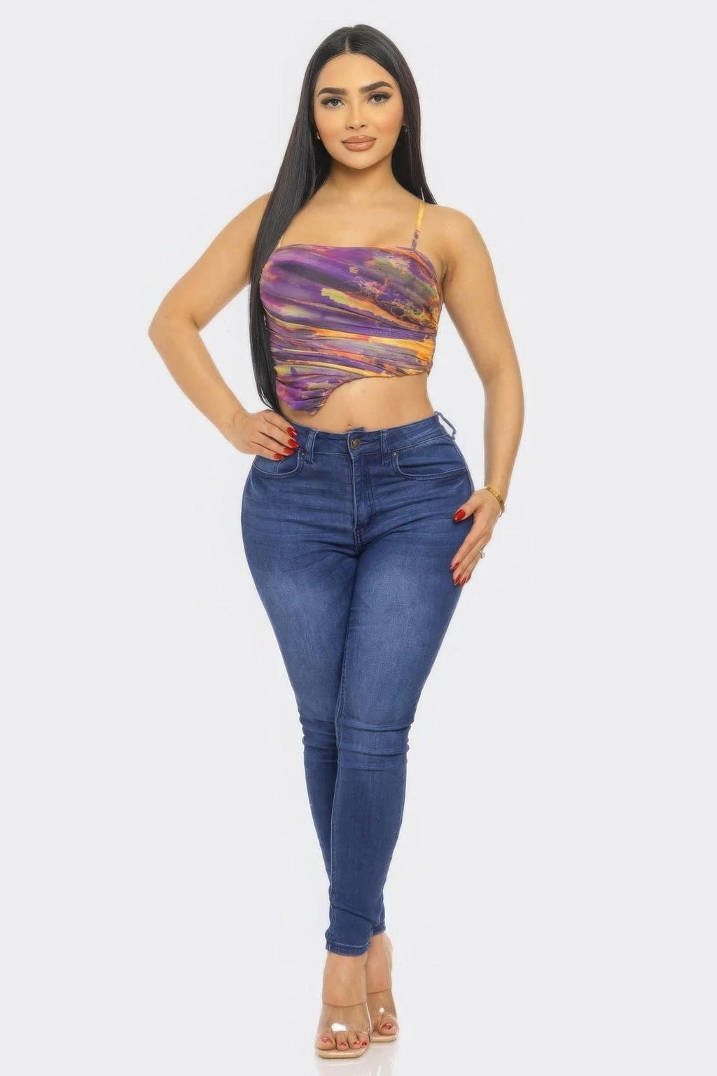 Mesh print crop top with thin straps, purple-orange abstract stripe pattern