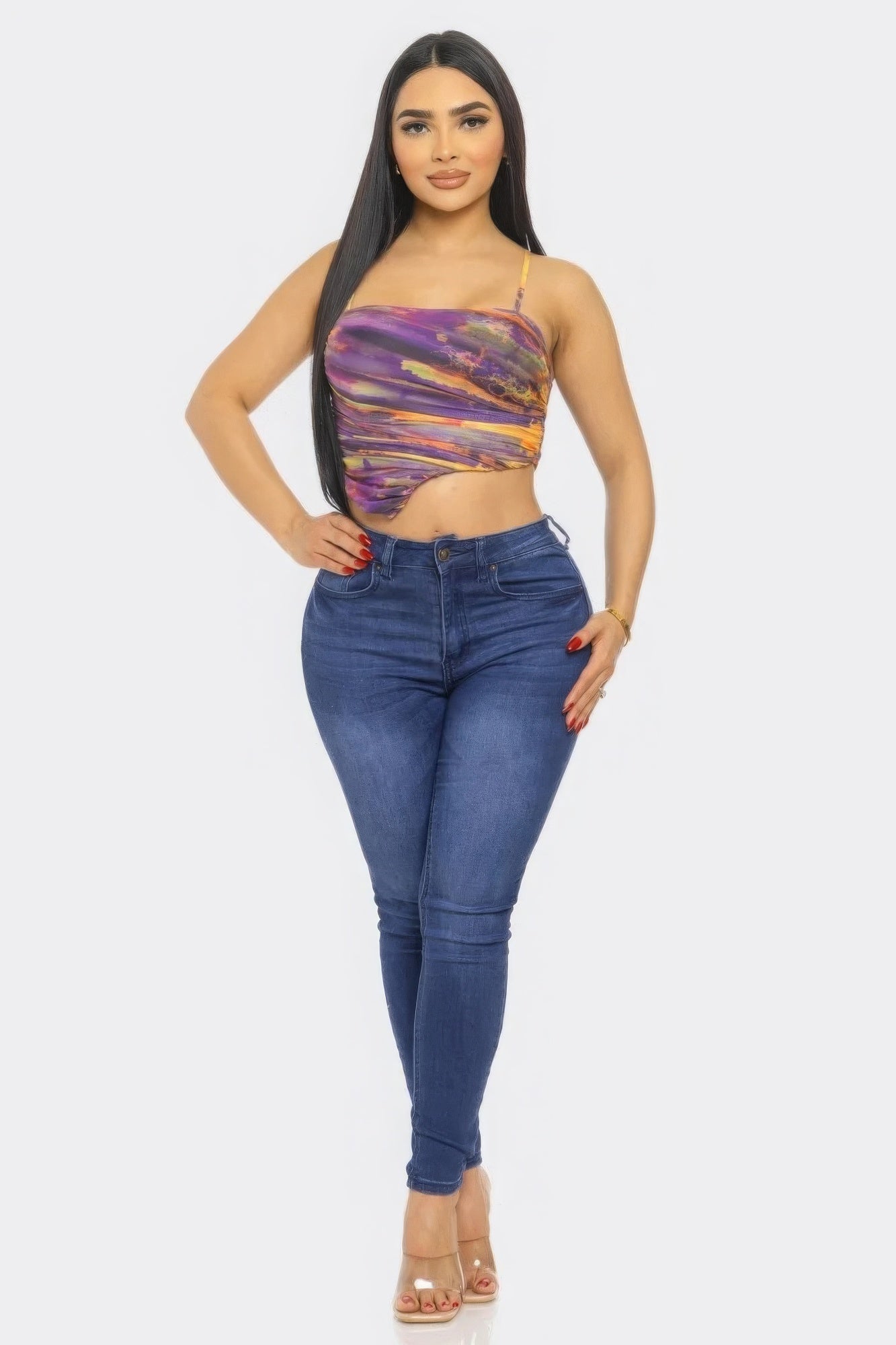 Mesh print crop top with thin straps, purple-orange abstract stripe pattern
