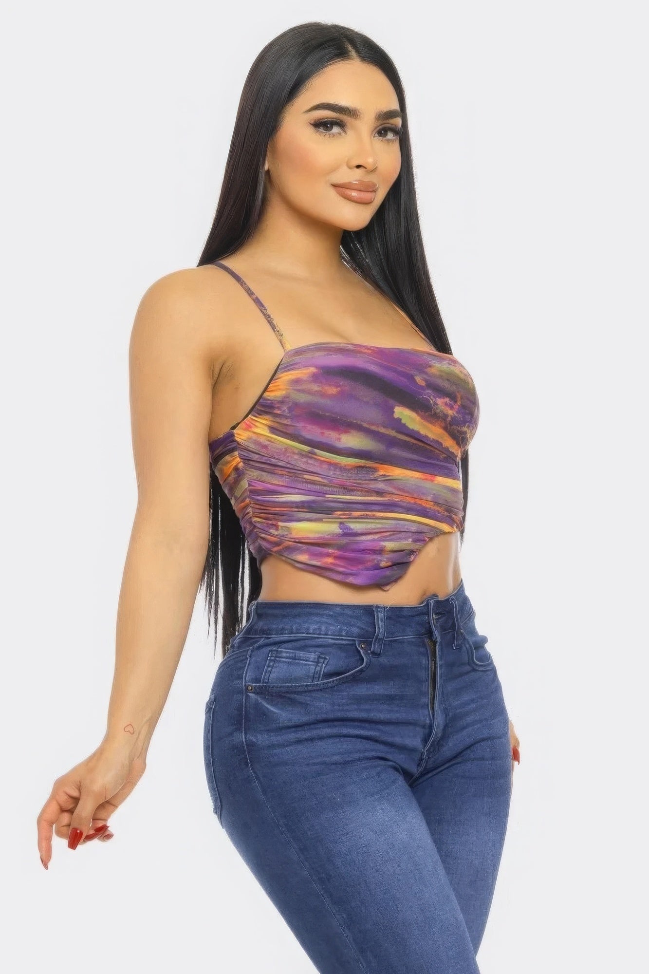Mesh print crop top with thin spaghetti straps, purple and orange abstract stripes