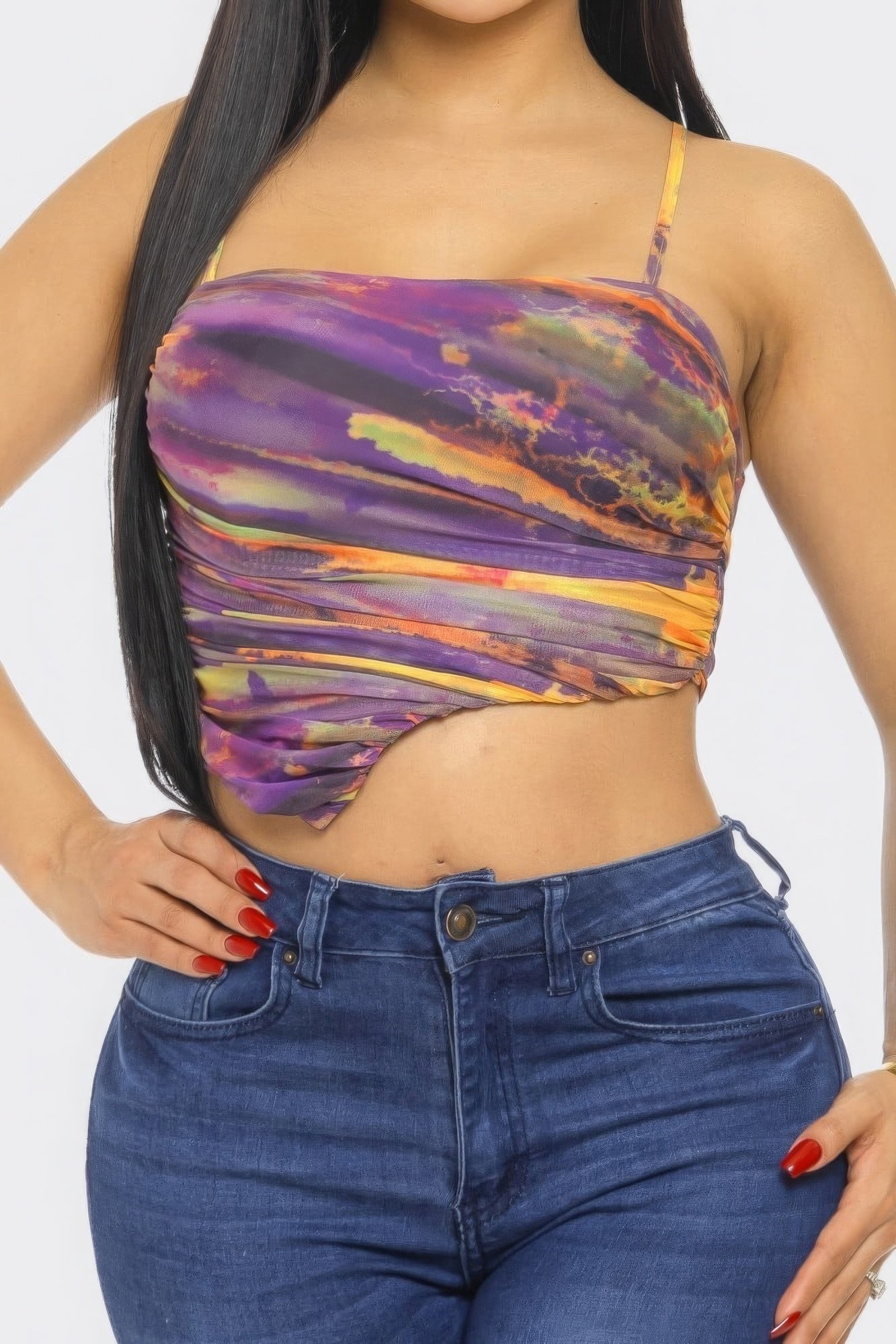 Mesh print crop top close-up: purple-orange abstract stripes, ruched underbust