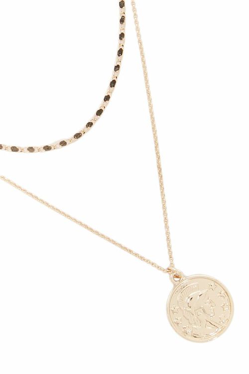 Gold/Brass layered necklace with round coin pendant and long chain, 17"