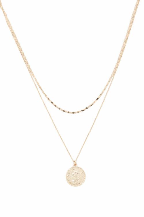 Gold/Brass layered coin pendant necklace with small chain detailing and round charm