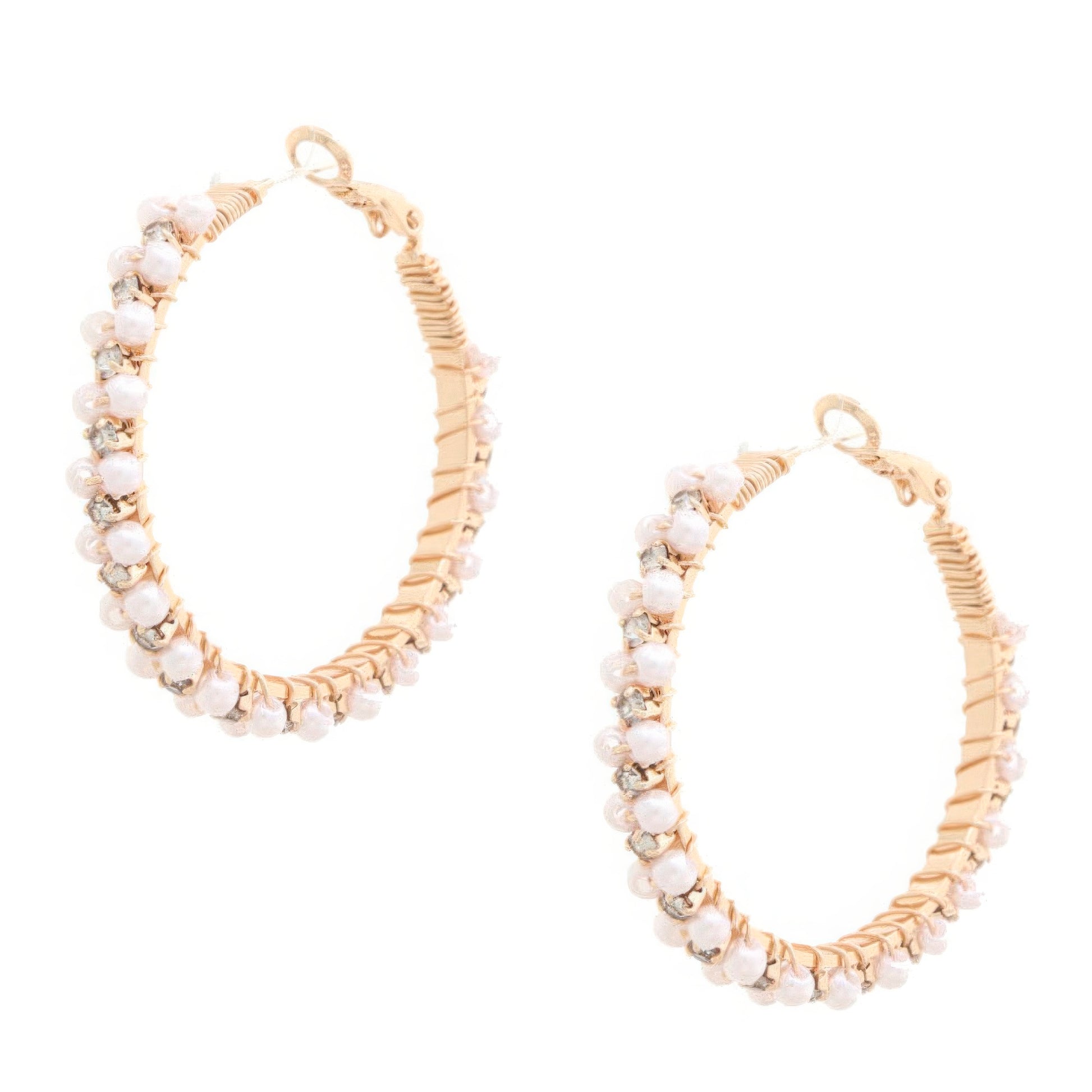 Pearl Bead Rhinestone Wire Wrapped Hoop Earring - Tigbul's Variety Fashion Shop