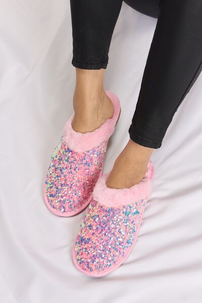 Pink Sequin Plush Round Toe Slippers - Tigbul's Variety Fashion Shop