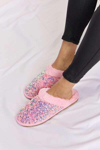 Pink Sequin Plush Round Toe Slippers - Tigbul's Variety Fashion Shop