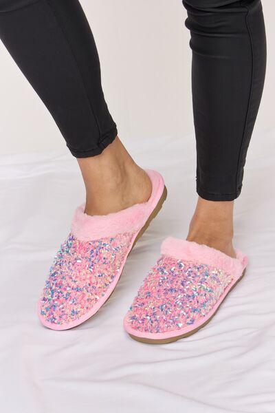 Pink Sequin Plush Round Toe Slippers - Tigbul's Variety Fashion Shop